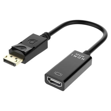 Male DisplayPort to HDMI Female Adapter, Product Image Showing a Black Adapter Cable with DisplayPort Connector on One End and HDMI Port on the Other End.