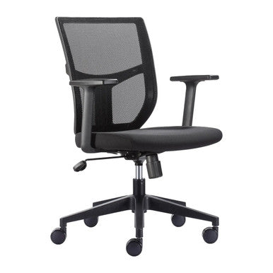 Mars Mesh Operators Office Chair. Black mesh back frame. Black fabric seat with moulded foam. Nylon arms with PP arm pads. Swivel and tilt Mechanism. Class 3 gas lift. Nylon base.