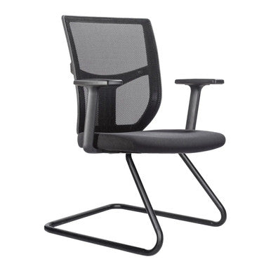 Mars Mesh Visitor Office Chair. Black mesh back frame. Black fabric seat with moulded foam. Fixed T arms. Black coated steel frame.