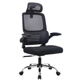 Mercury High-Back Office Chair. Black mesh back frame with chrome decorative insert. Adjustable mesh headrest. Black fabric seat with moulded foam. Flip arms with soft fabric arm pads. Swivel and tilt Mechanism. Chrome base.