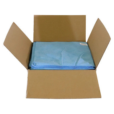 Micro Fibre Cloth Blue 280gsm (Box of 25), Image Showing a Box Containing Blue Microfiber Cloths Neatly Folded.