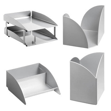 Modern Steel Two – Tier Desk Set: Letter Tray, Paper Cube Holder, Pencil Cup & Business Card Holder