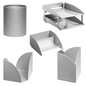 Modern Steel Two – Tier Desk Set: Letter Tray, Paper Cube Holder, Pencil Cup, Business Card Holder & Waste Paper Bin