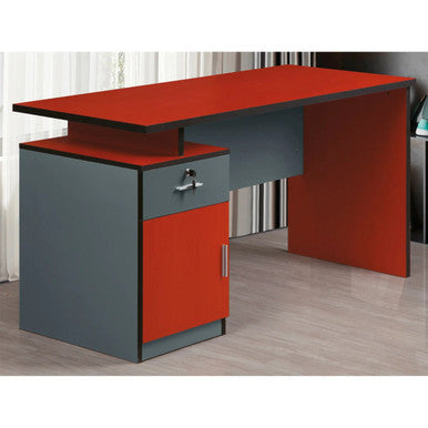Modern Two Tone Colour Desk with Built in Desk Height Pedestal, Featuring a Sleek Design with a Red and Grey Colour Scheme, Spacious Work Surface, and Integrated Storage Cabinet.