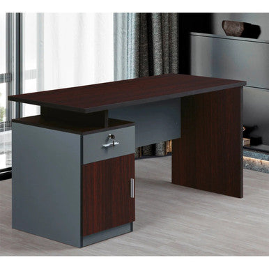 Modern Two Tone Colour Desk with Built in Desk Height Pedestal FOF-MD-M315, Contemporary Office Desk Featuring a Two-Tone Dark Wood and Grey Finish with a Built-in Desk Height Pedestal.