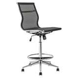 Netted Draughtsman Chair, Ergonomic Office Chair with a Black Mesh Backrest and Cushioned Seat, Adjustable Height, and a Chrome Five-Star Base with Caster Wheels.