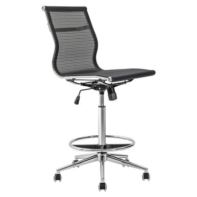 Netted Draughtsman Chair, Ergonomic Office Chair with a Black Mesh Backrest and Cushioned Seat, Adjustable Height, and a Chrome Five-Star Base with Caster Wheels.