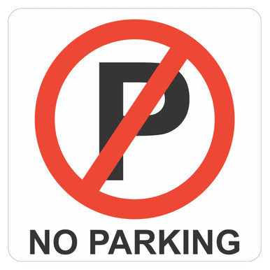 No Parking Sign with Red Circle and Diagonal Line, Black 'P' Symbol on White Background, 150 x 150 mm, Printed on ACP with UV Print, Double-sided Tape Included, Ideal for Aesthetic Parking Signage and Clear Parking Restrictions.