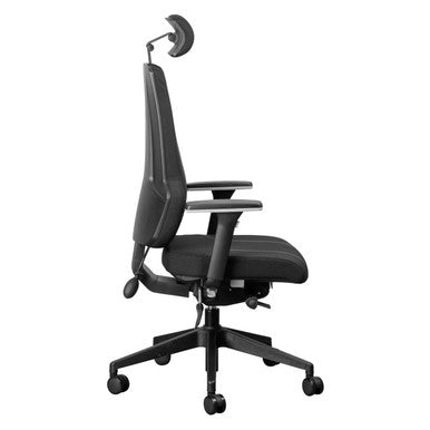 Ortho-Max High-back Chair, Ergonomic Office Chair with Adjustable Headrest, Supportive Backrest, and Cushioned Seat Featuring Armrests and a Swivel Base with Wheels.