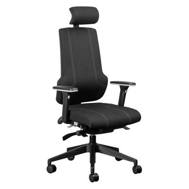 Ortho-Max High-back Chair, Ergonomic Black Office Chair with Adjustable Headrest, Armrests, and a Wheeled Base.