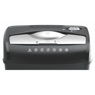 Paper Shredder (8 Sheets - 5 x 47 mm - Cross Cut - Medium Security) S1008CC, Front View Showing the Paper Entry, Controls, and Warning Icons