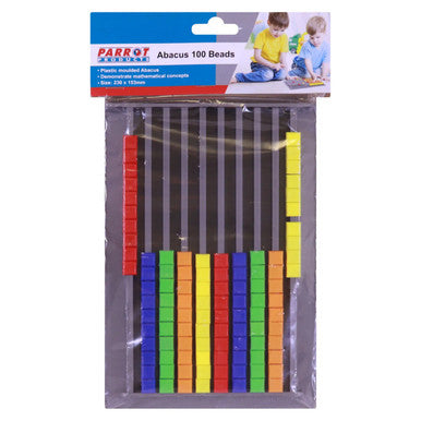 Parrot Abacus 100 Beads - Box of 40 Uncarded, Colourful Plastic Abacus with 100 Beads Arranged in Vertical Columns for Teaching Basic Counting and Mathematical Concepts.