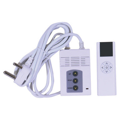 Parrot Electric Pull Down Projection Screen Remote Control SC0700, Image Showing a White Remote Control with Navigation Buttons Next to a Power Cord and Control Box.