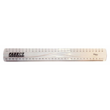 Parrot Flexible Ruler 30 cm Clear, Image Showing a Transparent Flexible Ruler with Measurement Markings in Inches and Centimeters.