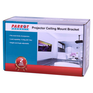 Parrot Projector Ceiling Mount Bracket (52 mm), Packaging Box with a Modern Living Room Interior Image and Product Details Highlighted.