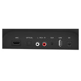 Parrot Speaker Sound Bar + 5.25 Inch Wireless Sub Incl Wall Bracket CT3018, Image Showing the Back Panel with Various Input and Output Ports Including HDMI Arc, Optical, RCA, AUX, USB, and DC Power Connector.