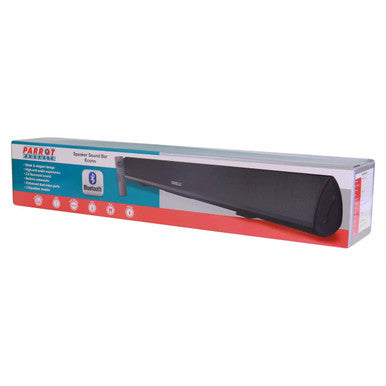 Parrot Speaker Sound Bar Econo Incl Wall Bracket CT3017, Sleek Black Sound Bar with Wall Mounting Bracket, Packaging Showing Product Features and Bluetooth Connectivity