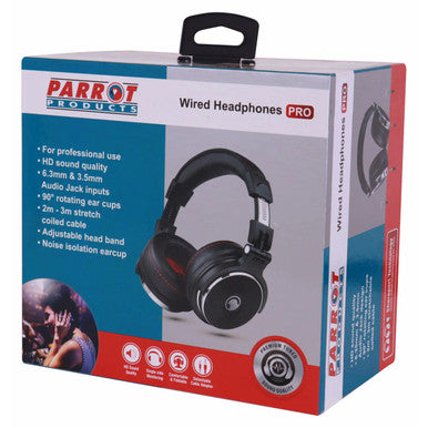 Parrot Wired Headphones Pro CT3013, Retail Packaging Showing Black Over-Ear Wired Headphones with Adjustable Headband and Noise Isolation Earcups.