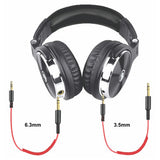 Parrot Wired Headphones CT3012, Black Over-Ear Headphones with Adjustable Headband and Detachable Red and Black Audio Cables with 6.3 mm and 3.5 mm Connectors.