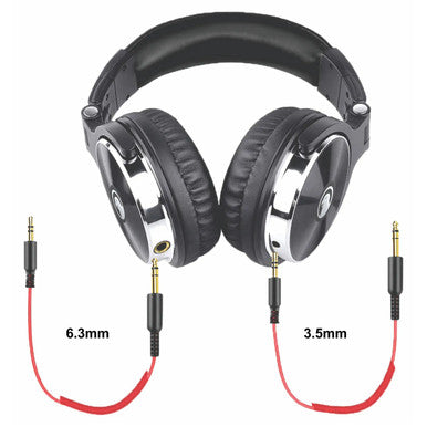 Parrot Wired Headphones CT3012, Black Over-Ear Headphones with Adjustable Headband and Detachable Red and Black Audio Cables with 6.3 mm and 3.5 mm Connectors.