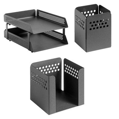 Perforated Steel Desk Set: Two-Tier Letter Tray, Paper Cube Holder & Pencil Cup | Office Accessories | Office Stock