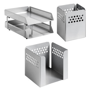 Perforated Steel Desk Set: Two-Tier Letter Tray, Paper Cube Holder & Pencil Cup