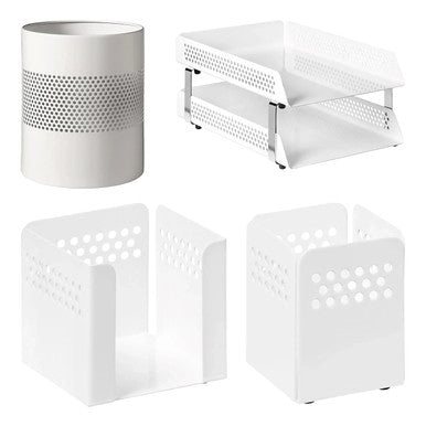 Perforated Steel Desk Set: Two - Tier Letter Tray, Paper Cube Holder, Pencil Cup & Waste Paper Bin