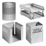 Perforated Steel Desk Set: Two-Tier Letter Tray, Paper Cube Holder, Pencil Cup & Waste Paper Bin
