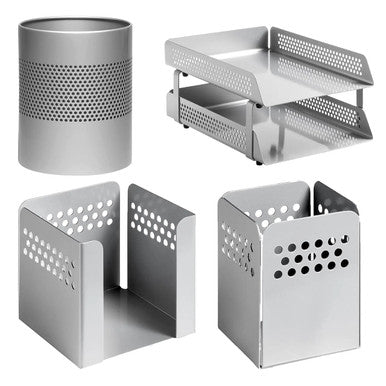 Perforated Steel Desk Set: Two-Tier Letter Tray, Paper Cube Holder, Pencil Cup & Waste Paper Bin