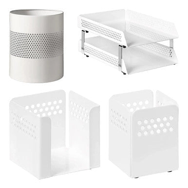 Perforated Steel Desk Set: Two – Tier Letter Tray, Paper Cube Holder, Pencil Cup & Waste Paper Bin