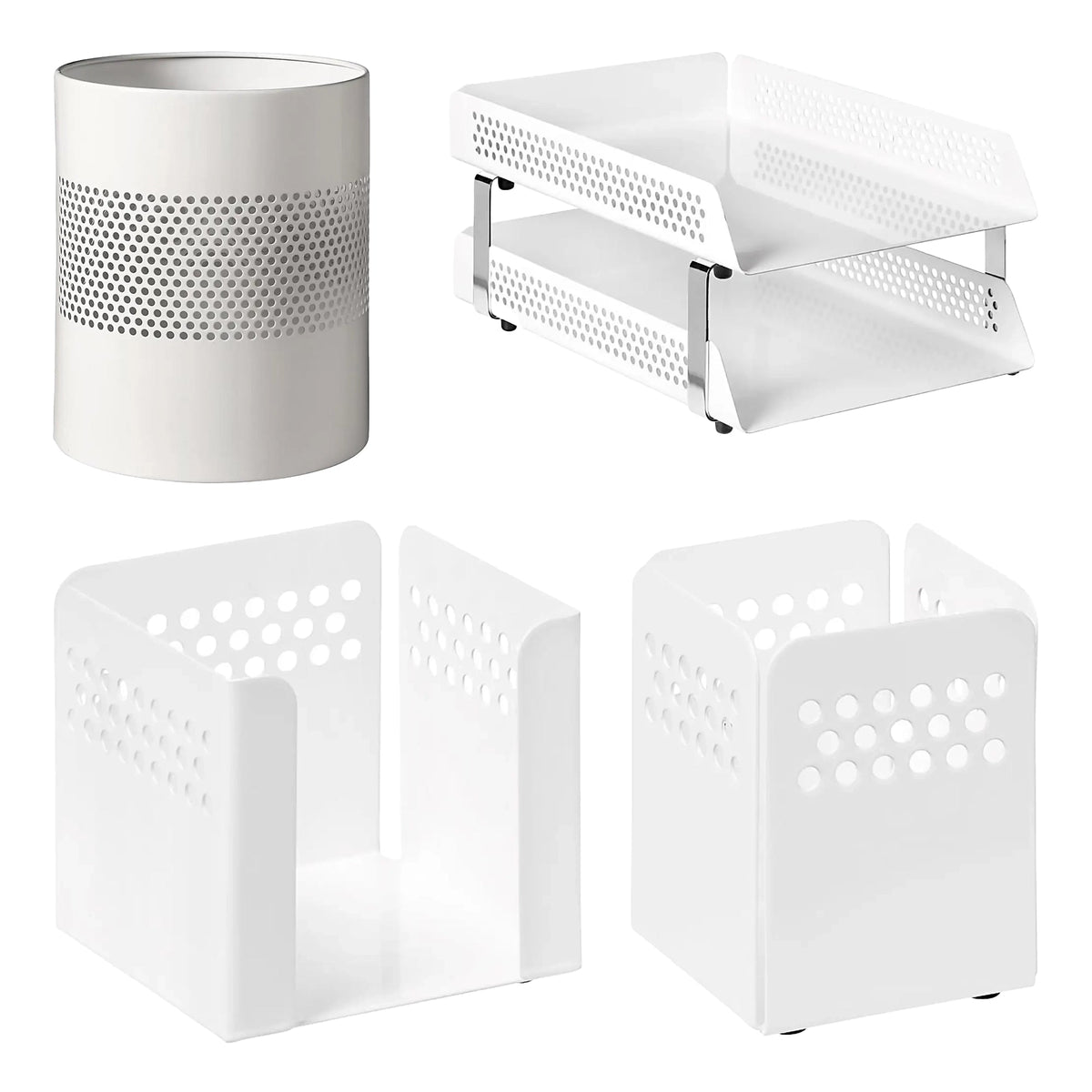 Perforated Steel Desk Set: Two – Tier Letter Tray, Paper Cube Holder, Pencil Cup & Waste Paper Bin