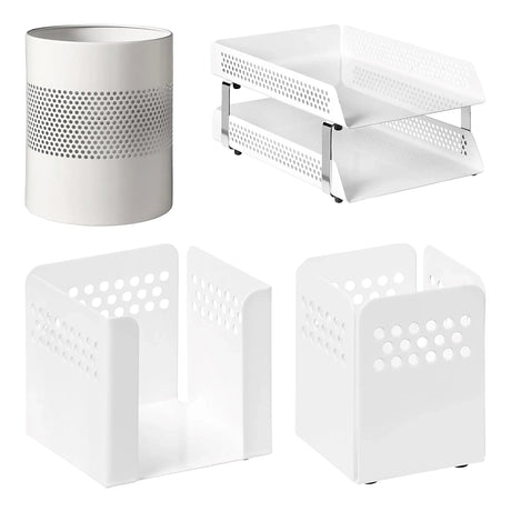 Perforated Steel Desk Set: Two – Tier Letter Tray, Paper Cube Holder, Pencil Cup & Waste Paper Bin