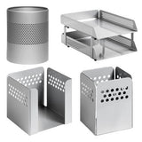 Perforated Steel Desk Set: Two – Tier Letter Tray, Paper Cube Holder, Pencil Cup & Waste Paper Bin