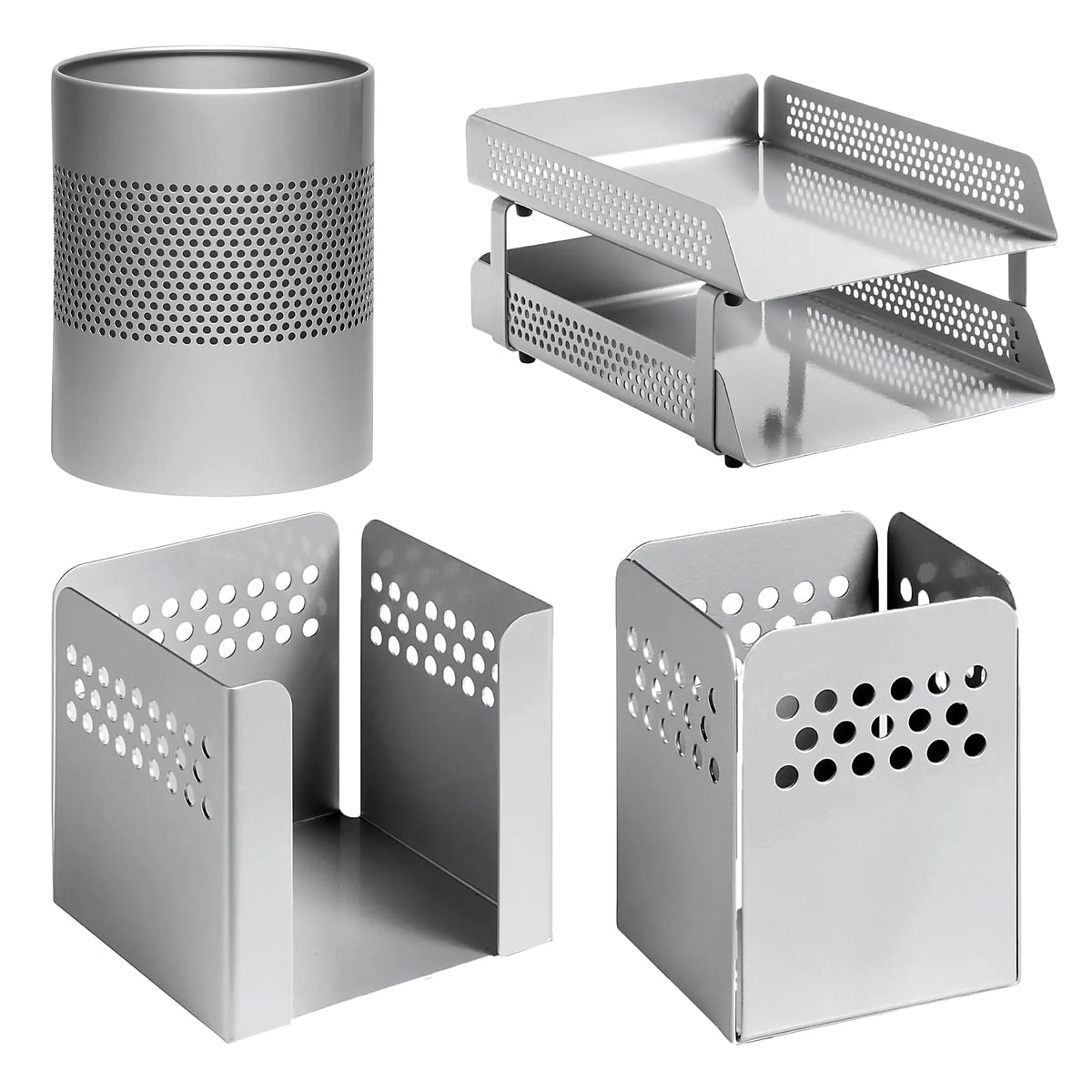 Perforated Steel Desk Set: Two – Tier Letter Tray, Paper Cube Holder, Pencil Cup & Waste Paper Bin