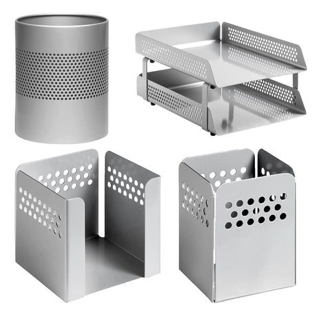 Perforated Steel Desk Set: Two – Tier Letter Tray, Paper Cube Holder, Pencil Cup & Waste Paper Bin