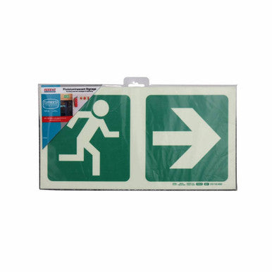 67 Brand Photoluminescent 190 mm Safety Sign, E1-Running Man+arrow Right, a Green Fire Safety Sign with White Graphics, SABS Approved, Providing Essential Wayfinding Information for Emergency Procedures in Low Light Areas.