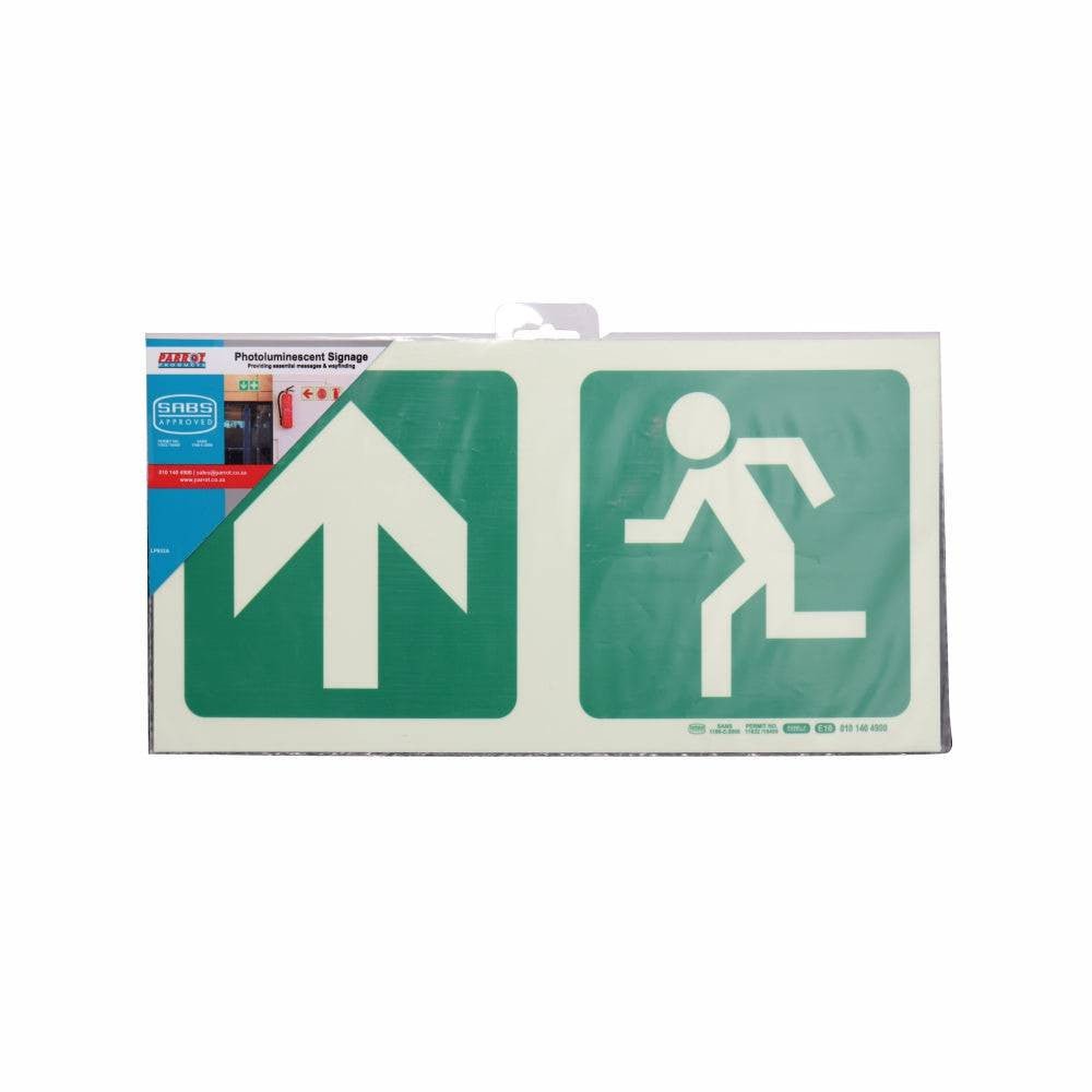 Photoluminescent 190MM Safety Sign – E10-Arrow Up+Running Man