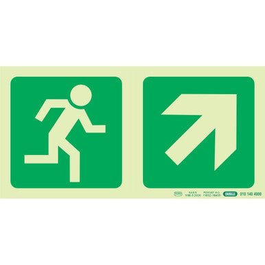 Photoluminescent 190MM Safety Sign – E11-Running Man+Diagonal Arrow Up And Right