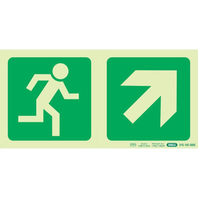 Photoluminescent 190mm Safety Sign - E11 - Running Man+diagonal Arrow Up and Right