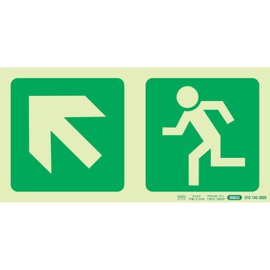 Photoluminescent 190MM Safety Sign – E12-Diagonal Arrow Up AND Left+Running Man