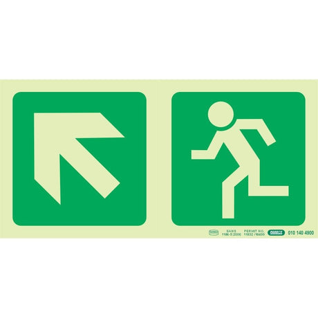 Photoluminescent 190MM Safety Sign – E12-Diagonal Arrow Up AND Left+Running Man