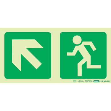 Photoluminescent 190 mm Safety Sign by 67, Featuring Diagonal Arrow up and Left with Running Man, SABS Approved, Green Background with Pale Yellow Graphics, Providing Essential Wayfinding Sign for Emergency Procedures and Escape Routes.