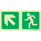 Photoluminescent 190 mm Safety Sign by 67, Featuring Diagonal Arrow up and Left with Running Man, SABS Approved, Green Background with Pale Yellow Graphics, Providing Essential Wayfinding Sign for Emergency Procedures and Escape Routes.