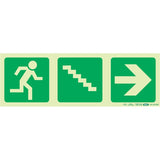 Photoluminescent 190 mm Emergency Sign, Green Background with White Graphics, Depicting a Running Man, Stairs Going Down, and an Arrow Pointing Right, Providing Essential Wayfinding Information for Emergency Procedures, SABS Approved Safety Sign by Brand 67.