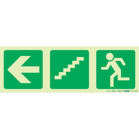 Photoluminescent 190MM Safety Sign – E17-Arrow Left+Stairs Going Down+Running Man