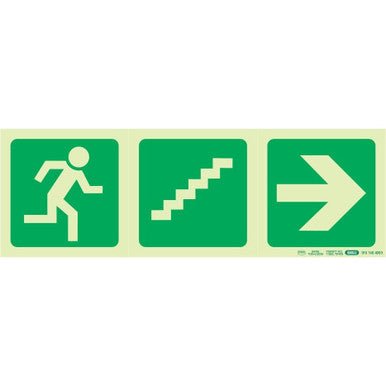 Photoluminescent 190MM Safety Sign – E18-Running Man+Stairs Going Up+Arrow Right