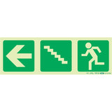 67 Brand Photoluminescent 190 mm Safety Sign, utilising Self-Luminous Technology, Features Three Green Signs with White Graphics: Left Arrow, Stairs Going up, and Running Man, Providing Essential Wayfinding Information for Emergency Procedures.