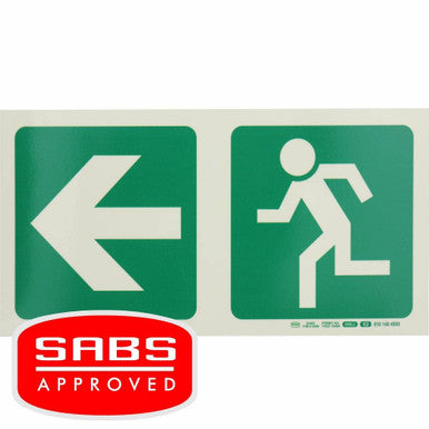 Photoluminescent 190 mm Safety Sign by 67, SABS Approved, Showing an Arrow Pointing Left and a Running Man, Green Background with White Graphics, Providing Essential Wayfinding Information for Emergency Procedures, Directional Messages.