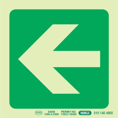 Green 190 mm Photoluminescent Safety Sign with Left Arrow, SABS Approved, for Safety Signage Compliance, Providing Essential Wayfinding Information in Low Light Areas, Made by Brand 67, Featuring Self-Luminous Technology for Continuous High Glow.