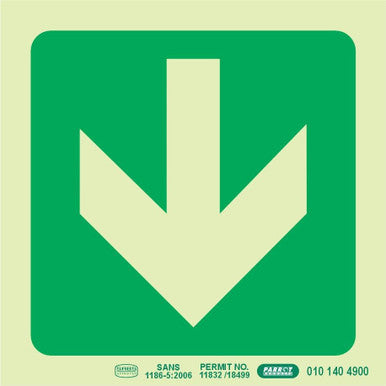 Green 190 mm Photoluminescent Safety Sign with a Large Down Arrow, SABS Approved (SANS 1186-5:2006), Providing Emergency Exit Sign Directional Guidance in Low Light Areas, from Brand 67, Offering Continuous Glow for Enhanced Visibility and Safety.